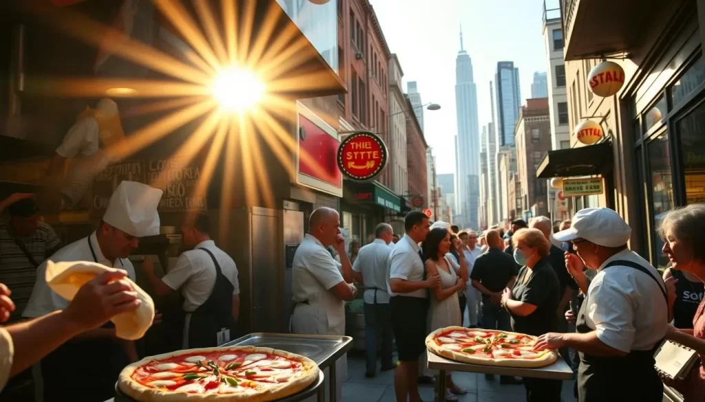 A bustling New York City street, sunlight streaming through the windows of a classic pizzeria. In the foreground, skilled pizzaioli toss and stretch dough, their hands moving with practiced precision. The aroma of freshly baked pies wafts through the air, mingling with the sounds of sizzling cheese and the lively chatter of customers eagerly awaiting their slices. The middle ground showcases an open kitchen, where chefs expertly assemble the pizzas, layering on vibrant tomato sauce, glistening mozzarella, and an array of fresh toppings. In the background, the iconic New York skyline looms, a testament to the city's rich culinary heritage and the enduring appeal of its legendary pizza-making tradition.