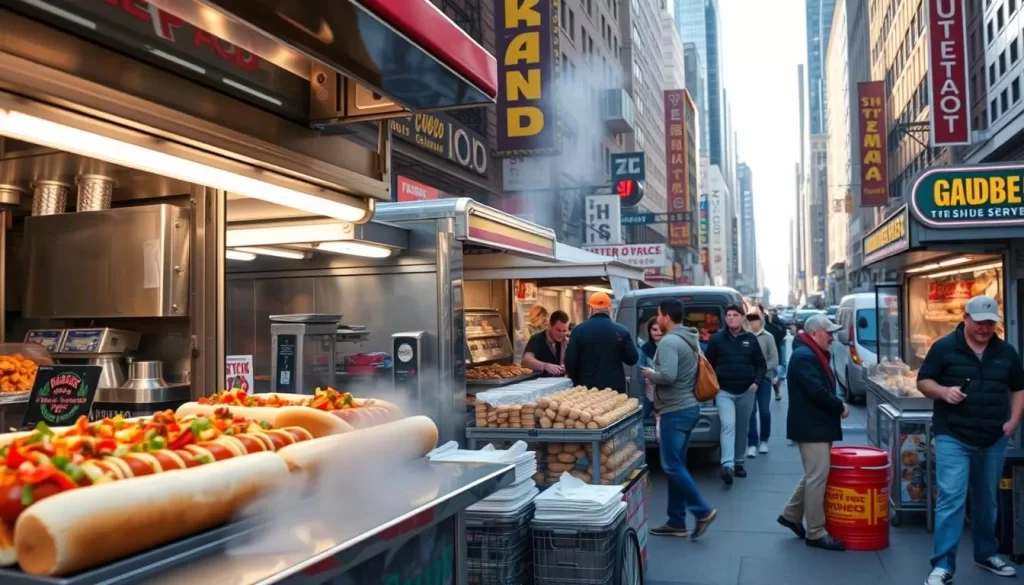 A bustling New York City street, the sidewalks teeming with a diverse array of food vendors. In the foreground, an inviting hot dog cart with sizzling franks and a rainbow of toppings. In the middle ground, a food truck serving up steaming, fragrant dumplings and empanadas. In the background, a lively mix of food stalls selling everything from crisp falafel to fragrant curries, creating a captivating symphony of aromas. The scene is bathed in the warm, golden light of a pleasant afternoon, capturing the vibrant energy and multicultural spirit of New York's iconic street food landscape.
