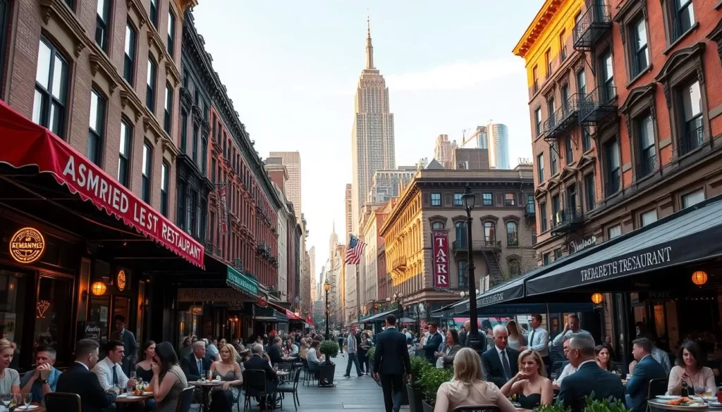 A bustling New York City street, with renowned local restaurants lining the sidewalks. Vibrant awnings and neon signs beckon diners to experience the city's acclaimed cuisine. In the foreground, well-dressed patrons dine al fresco, savoring mouthwatering dishes and sipping craft cocktails. The middle ground features the iconic architecture of brownstone buildings, adding a timeless charm. In the distance, the towering skyscrapers of the Manhattan skyline create a dramatic backdrop, illuminated by the warm, golden glow of the afternoon sun. The entire scene exudes an atmosphere of sophisticated refinement and lively energy, capturing the quintessential New York dining experience.
