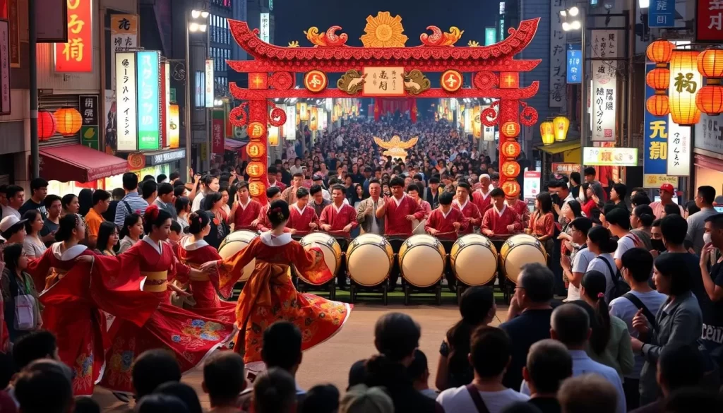 A bustling Osaka festival scene, with performers in vibrant, traditional costumes captivating the crowd. In the foreground, geisha-like dancers gracefully twirl amidst a sea of spectators, their elaborate kimonos flowing in the gentle breeze. In the middle ground, a troupe of taiko drummers pound out a thunderous rhythm, their muscular movements accentuated by dramatic lighting. In the background, colorful lanterns and ornate festival arches frame the lively festivities, creating a sense of cultural immersion. The atmosphere is electric, as the community celebrates its rich heritage through mesmerizing art and performance.