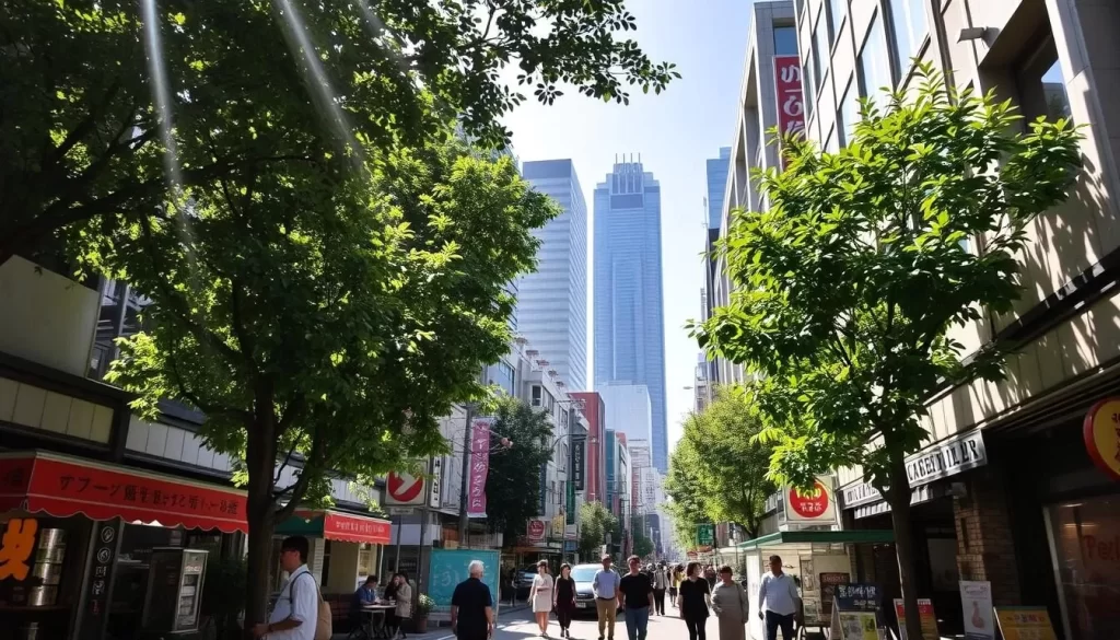 A bustling Shinjuku street, lined with lush greenery and quaint storefronts, invites travelers to explore the vibrant city beyond. Sunlight filters through the canopy, casting a warm glow on the scene. In the foreground, people stroll leisurely, pausing to admire the charming architecture and unique local shops. The middle ground showcases a mix of modern and traditional buildings, hinting at the city's rich history and dynamic culture. In the distance, towering skyscrapers rise, creating a striking contrast against the serene streetscape. The overall atmosphere exudes a sense of urban exploration and discovery, enticing viewers to embark on their own day trip from the bustling heart of Shinjuku.