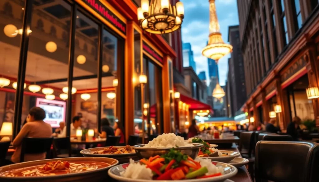 A bustling Thai restaurant nestled in the heart of Chicago, its vibrant facade draws the eye. Through the windows, glimpse the warm glow of candlelight and the lively energy of diners savoring authentic dishes. In the foreground, a table laden with aromatic curries, fragrant coconut rice, and vibrant som tam salad. The middle ground showcases the restaurant's elegant decor, with intricate woodcarvings and ornate chandeliers casting a soft, inviting light. In the background, the iconic skyline of Chicago towers, a testament to the city's dynamic cultural landscape. Capture the perfect balance of traditional Thai cuisine and the dynamic energy of this Midwestern metropolis.
