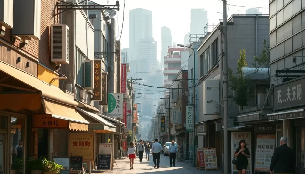A bustling Tokyo neighborhood comes to life in this vivid scene of Suginami Ward. The foreground captures a vibrant street lined with quaint shops and cafes, their facades bathed in the warm glow of afternoon sunlight. Mid-ground reveals a network of narrow alleyways, pedestrians strolling leisurely, while in the background, the silhouettes of high-rise buildings suggest the ward's modern urban landscape. The scene exudes a sense of tranquility, with a soft, hazy atmosphere that invites the viewer to explore this hidden gem of Tokyo. Capture the essence of Suginami's charming blend of old and new with a cinematic, realistic style.