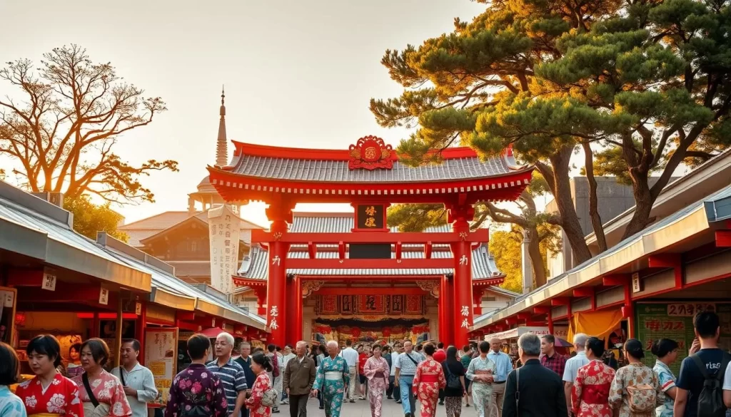 A bustling Tomioka Hachiman Shrine Festival in Tokyo's Kōtō-ku, Japan. In the foreground, vibrant yukata-clad visitors stroll among stalls offering traditional crafts, delectable street food, and lively festival games. The middle ground features the ornate, red-lacquered main shrine gate, its intricate carvings and architecture bathed in warm, golden afternoon sunlight. In the background, the iconic shrine buildings and towering trees create a tranquil, historical atmosphere, conveying the rich cultural heritage of this iconic Tokyo landmark. Capture the festive energy, cultural immersion, and timeless beauty of this quintessential Japanese cultural experience.