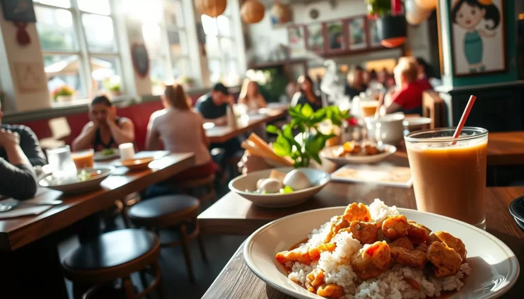 A bustling Vietnamese restaurant in London's Soho district, with bright windows offering a tantalizing glimpse of the vibrant dishes within. A colorful array of pho, banh mi, and spring rolls are served on wooden tables, their aromatic steam curling up towards the high ceilings. Sunlight filters through the windows, casting a warm glow over the scene. In the foreground, a plate of fragrant lemongrass chicken and steamed rice takes center stage, accompanied by a refreshing Vietnamese iced coffee. The atmosphere is lively, with the chatter of diners and the clink of chopsticks against porcelain. An immersive experience that transports the viewer to the bustling streets of Hanoi, right in the heart of London.