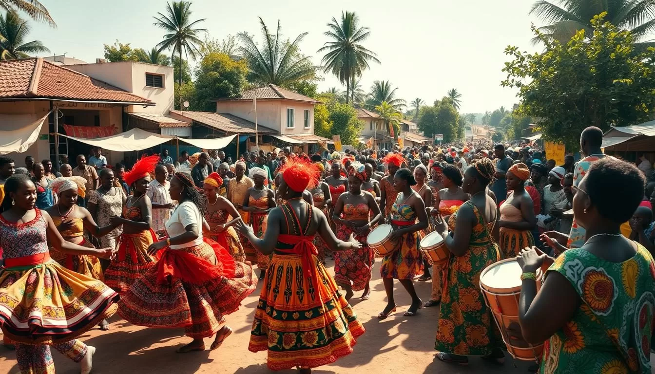 A bustling West African culture festival scene, with vibrant colors, intricate costumes, and lively dance performances. In the foreground, a group of celebrants adorned in traditional regalia twirl and sway to the rhythmic beats of drums and chants. The middle ground features a mix of onlookers and participants, creating a dynamic and immersive atmosphere. In the background, a backdrop of local architecture and lush foliage sets the stage for this joyous cultural event. The warm, golden sunlight filters through, casting a celebratory glow over the entire scene. Captured with a wide-angle lens to convey the energy and scale of the festival.