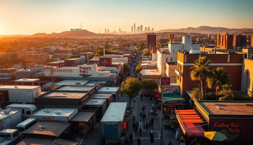 A bustling aerial view of Los Angeles' vibrant food neighborhoods, bathed in warm golden sunlight. In the foreground, a patchwork of diverse cuisines - from gourmet food trucks to cozy mom-and-pop eateries, their aromas wafting through the air. In the middle ground, iconic landmarks like the Hollywood Sign and the Downtown skyline provide a familiar backdrop. The streets teem with locals and visitors alike, strolling between eclectic shops, boutiques, and lively markets. A sense of discovery and culinary adventure pervades the scene, inviting the viewer to explore LA's acclaimed local-cuisine restaurants.