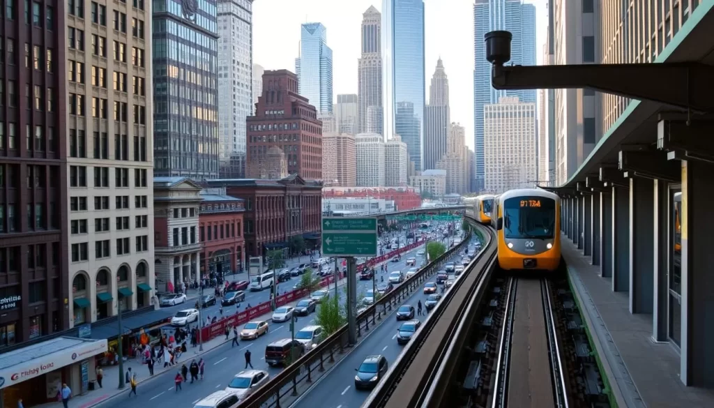A bustling city landscape, with the iconic elevated train tracks of the Chicago Transit Authority (CTA) system cutting through the frame. In the foreground, a modern CTA train glides smoothly along the tracks, its sleek design and bright colors standing out against the backdrop of towering skyscrapers. The middle ground is filled with a vibrant street scene, with pedestrians and vehicles moving about their daily lives. In the background, the Chicago skyline stretches out, a mix of historic architecture and contemporary high-rises bathed in warm, natural lighting. The scene conveys a sense of energy and efficiency, capturing the essence of the CTA's role in facilitating the movement of people through this dynamic city.
