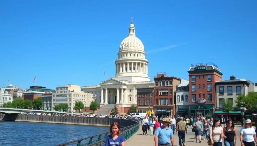 A bustling city scene in Harrisburg, Pennsylvania, with the State Capitol Building as the centerpiece. In the foreground, people stroll along the Susquehanna River, enjoying the sunny day and the impressive views. In the middle ground, couples and families explore the city's vibrant streets, filled with local shops and restaurants. The background features the iconic skyline, with the Capitol dome standing tall against the clear blue sky. The image is captured with a wide-angle lens, creating a sense of depth and grandeur. The overall mood is one of liveliness and exploration, inviting the viewer to imagine themselves immersed in the activities and attractions of this historic and dynamic city.