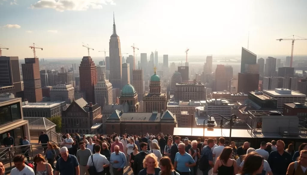 A bustling city skyline, with towering skyscrapers and cranes dotting the horizon, stands as a testament to the widespread prevalence of the English language. Sunlight filters through a cloudless sky, casting a warm glow over the scene. In the foreground, a diverse crowd of people stroll along the bustling streets, engaged in lively conversations in English. The middle ground features a mix of modern architecture and historic landmarks, each embodying the global influence of the English language. The background is a panoramic view of the city, showcasing its vibrant and dynamic character. The overall atmosphere conveys a sense of progress, connectivity, and the undeniable dominance of English as a global lingua franca.