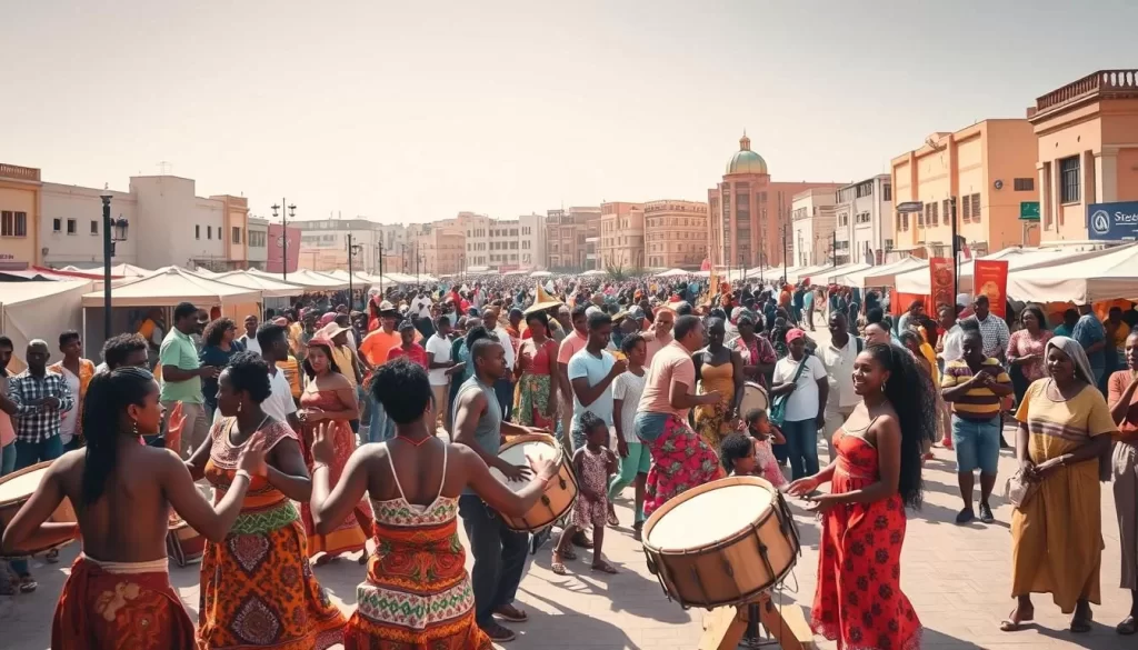 A bustling city square in Djibouti City, teeming with vibrant festivities. In the foreground, local dancers sway to the rhythmic beats of traditional drums, their colorful costumes and intricate movements captivating the lively crowd. Vendors line the streets, offering an array of aromatic street food and handcrafted goods. In the middle ground, families and friends gather, laughing and celebrating the rich cultural heritage of Djibouti. The background is filled with the iconic architecture of the city, sun-dappled and alive with energy. The scene is bathed in warm, golden light, creating a festive and joyous atmosphere that reflects the importance of festivals in Djiboutian culture.