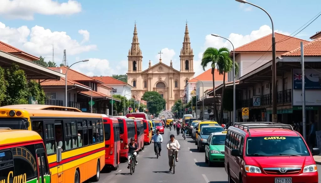 A bustling city street in Cartago, Costa Rica, captured on a bright, sunny day. In the foreground, colorful buses and taxis line the road, their passengers disembarking. The middle ground features a mix of pedestrians, cyclists, and vendors selling local wares. In the background, the iconic red-tiled roofs and ornate spires of the Cartago Cathedral stand tall, bathed in warm afternoon light. The scene conveys the vibrant, lively atmosphere of Cartago's transportation hub, with a sense of local culture and character. Shoot with a wide-angle lens to capture the full scope of the scene, using natural lighting for a realistic, immersive feel.