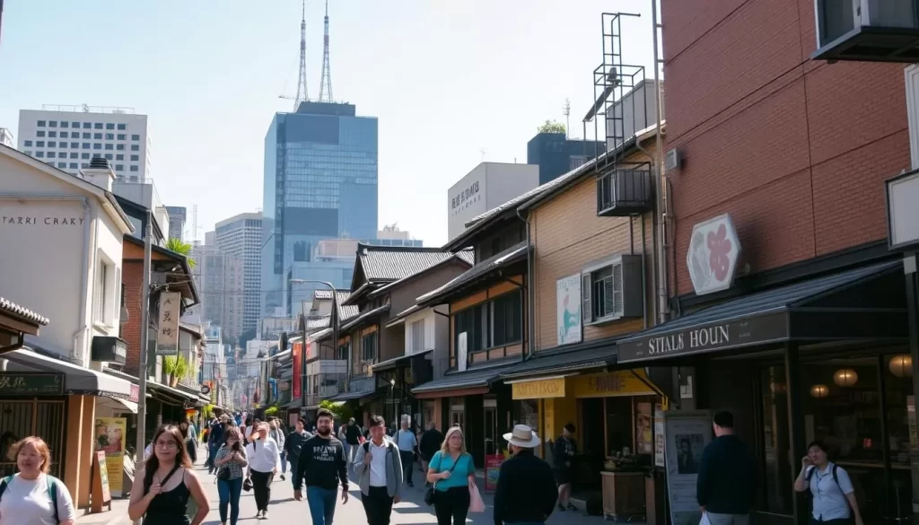 A bustling city street in Kita-ku, Tokyo, on a sunny day. In the foreground, pedestrians stroll along the sidewalk, passing by charming shops and cafes. The middle ground features traditional Japanese architecture, with its distinctive roofs and intricate facades. In the background, skyscrapers and modern buildings rise up, creating a striking contrast between old and new. The scene is bathed in warm, natural lighting, capturing the vibrant energy and unique character of this neighborhood. Capture the essence of Kita-ku through this walking tour, showcasing its blend of historical and contemporary elements.