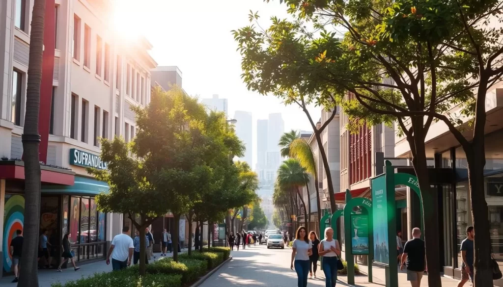 A bustling city street in Los Angeles, with people strolling along the sidewalks and vibrant storefronts lining the buildings. The sun casts a warm glow, illuminating the scene with a soft, natural light. In the foreground, well-manicured trees and lush greenery provide a pleasant canopy, inviting pedestrians to explore the walkable neighborhood. In the middle ground, colorful murals and architectural details add visual interest, while the distant cityscape of high-rise buildings and palm trees frame the atmosphere. The overall mood is one of a lively, inviting urban environment, perfect for leisurely exploration on foot.