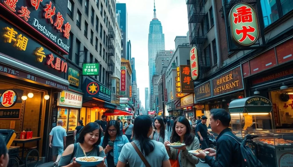 A bustling city street in New York's Chinatown, filled with vibrant Vietnamese restaurants. In the foreground, a group of friends enjoying a shared feast of fragrant pho, sizzling banh mi, and colorful spring rolls. Warmly lit by the neon glow of the storefront signs, the scene exudes an energetic, authentic atmosphere. The middle ground features a lively mix of pedestrians and food carts, while in the background, the iconic architecture of Manhattan's skyscrapers looms. The image captures the blending of Vietnamese culinary traditions with the dynamic urban landscape of New York City.