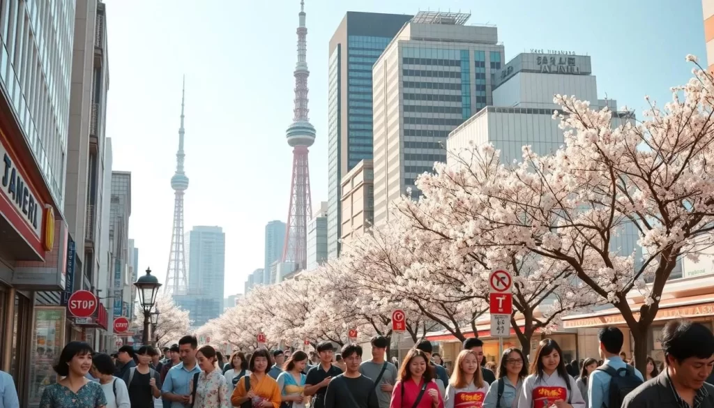 A bustling city street in the Kantō region of Japan during Golden Week, with people enjoying the warm spring weather. In the foreground, groups of tourists stroll along the sidewalk, their colorful traditional clothing and happy expressions capturing the festive atmosphere. In the middle ground, iconic buildings and landmarks like the Tokyo Tower rise up, their sleek modern architecture contrasted by the blossoming cherry trees lining the streets. The soft, golden-hued lighting adds a sense of tranquility and celebration, as if the very air is infused with the joy of this special holiday period. The overall scene conveys the energy, vibrancy, and cultural richness of Japan's busiest travel season.