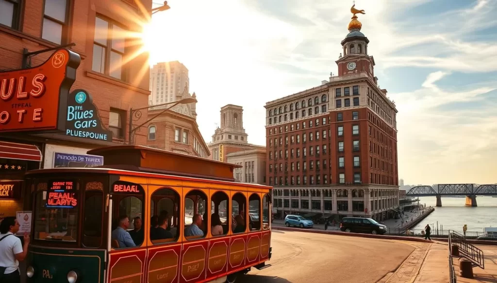 A bustling city tour through the heart of Memphis, Tennessee. In the foreground, a vintage trolley car ferries visitors along iconic Beale Street, its vibrant neon signs and lively blues bars setting the scene. Further back, the iconic Peabody Hotel stands tall, its ornate architecture and signature ducks adding a touch of whimsy. In the distance, the mighty Mississippi River flows calmly, with the iconic Hernando de Soto Bridge spanning its banks. Warm, golden sunlight filters through wispy clouds, casting a gentle glow over the entire scene. The atmosphere is one of excitement and discovery, inviting travelers to explore the rich history and culture of this legendary Southern city.