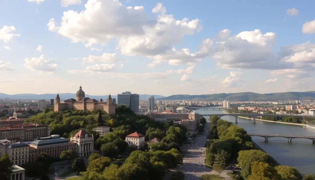 A bustling cityscape of Belgrade, Serbia's vibrant capital, bathed in warm sunlight. In the foreground, the iconic Kalemegdan Fortress stands tall, its medieval architecture juxtaposed against the modern skyscrapers in the middle ground. The Sava and Danube rivers flow calmly, their banks dotted with lush greenery and pedestrian promenades. In the distance, the rolling hills of Avala provide a scenic backdrop, while the sky is filled with fluffy white clouds. The atmosphere is one of energy and exploration, inviting visitors to discover the city's rich history and cultural diversity.