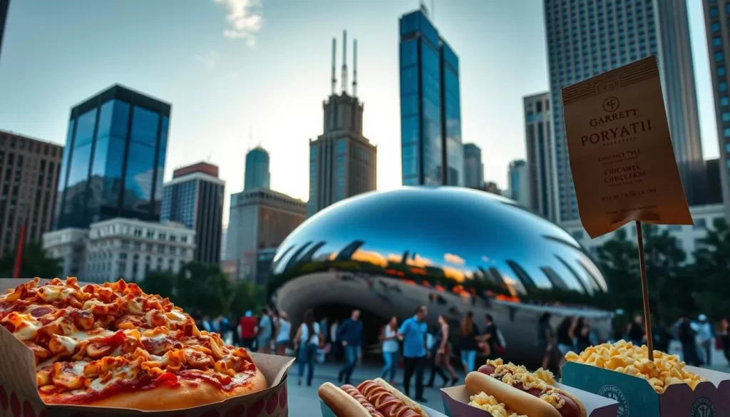 A bustling cityscape of Chicago's iconic food staples, captured on a pleasant summer day. In the foreground, a vibrant display of deep-dish pizza, Chicago-style hot dogs, and Garrett Popcorn with their signature caramel-cheese blend. The middle ground features the gleaming Bean sculpture reflecting the city's skyscrapers, with people milling about and enjoying the local delicacies. The background showcases the breathtaking skyline of downtown Chicago, bathed in warm, golden light. The scene exudes a lively, celebratory atmosphere, capturing the essence of Chicago's renowned culinary heritage.