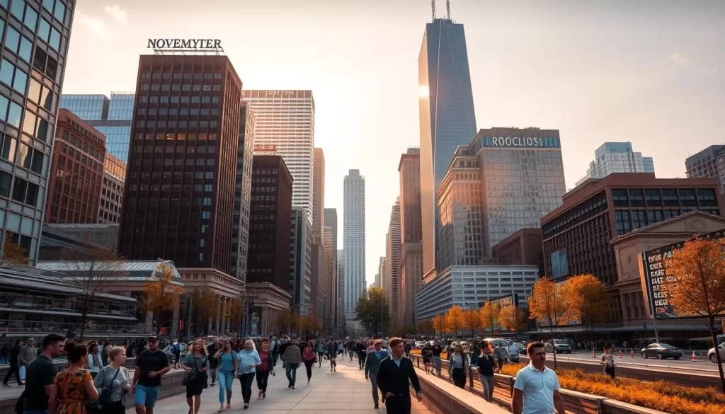 A bustling cityscape of Chicago's iconic skyline, with the Willis Tower (formerly Sears Tower) prominently rising in the background. In the foreground, a lively scene of pedestrians strolling along a well-maintained sidewalk, taking in the vibrant atmosphere. Warm, golden sunlight filters through the buildings, casting a pleasant glow over the scene. The middle ground features a mix of modern high-rises and historic architecture, creating a visually interesting and dynamic urban landscape. The overall mood is one of energy, exploration, and the promise of an engaging 3-day itinerary in this renowned Midwestern city.