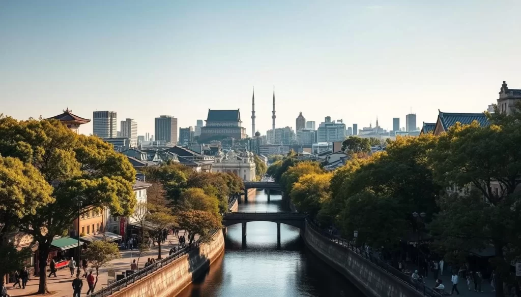 A bustling cityscape of Chiyoda Ward, Tokyo, on a sun-dappled day. The iconic spires of the Imperial Palace rise majestically in the distance, surrounded by a sprawling landscape of modern high-rises and historic structures. In the foreground, pedestrians stroll along tree-lined streets, passing by quaint shops and cafes that exude a vibrant, cosmopolitan atmosphere. The scene is bathed in warm, golden light, casting subtle shadows and highlighting the intricate architectural details that define this cultural heart of the Japanese capital. A serene river winds through the neighborhood, reflecting the elegant structures that line its banks. Overall, the image conveys the perfect balance of tradition and modernity that makes Chiyoda Ward a captivating destination.