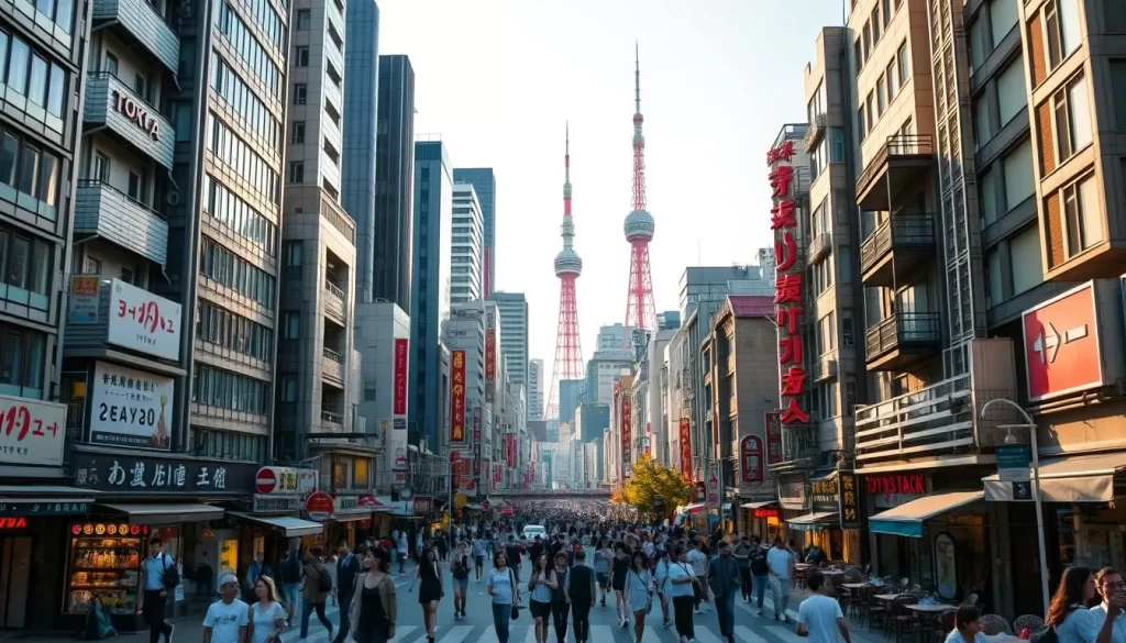 A bustling cityscape of Chūō-ku, Tokyo's central ward, bathed in warm afternoon sunlight. Towering skyscrapers and historic buildings stand side by side, creating a harmonious blend of modernity and tradition. Pedestrians stroll along the bustling streets, surrounded by vibrant shops, cafes, and cultural landmarks. In the distance, the iconic Tokyo Tower rises, adding a touch of iconic elegance to the scene. Capture the energy and liveliness of this dynamic urban center, showcasing its unique character and the essence of discovery.