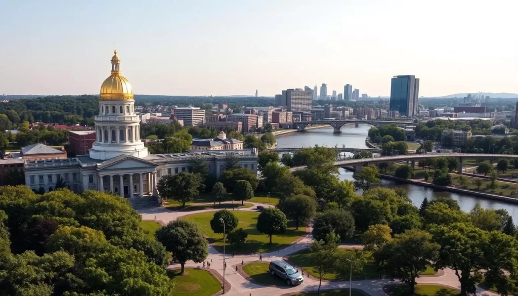 A bustling cityscape of Harrisburg, Pennsylvania's capital, on a picturesque summer day. In the foreground, the striking architecture of the Pennsylvania State Capitol building stands tall, its dome gleaming in the warm sunlight. Surrounding it, lush trees and well-manicured lawns create a serene, park-like atmosphere. In the middle ground, the Susquehanna River winds its way through the city, with pedestrians and cyclists enjoying the scenic riverfront promenade. In the background, the city's skyline rises, a mix of modern high-rises and historic structures, all bathed in a soft, golden glow. The overall scene conveys a sense of vibrancy, history, and natural beauty that captures the essence of Harrisburg, Pennsylvania's vibrant capital city.