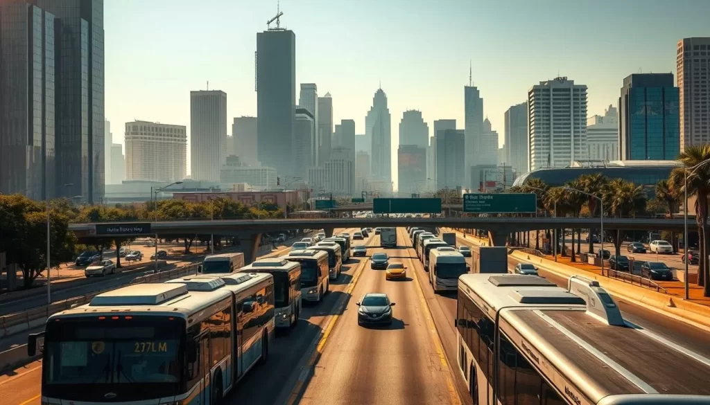 A bustling cityscape of Los Angeles' diverse transportation network. In the foreground, a fleet of sleek, modern buses navigates the wide boulevards, their chrome accents gleaming in the warm, golden sunlight. In the middle ground, cars and trucks flow smoothly along the well-maintained freeways, their headlights cutting through the hazy atmosphere. In the background, the iconic skyscrapers of downtown LA rise up, their glass facades reflecting the cloudless sky. The scene exudes a sense of efficiency and connectivity, capturing the essence of how Angelenos get around their vibrant, dynamic city.