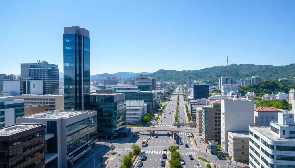 A bustling cityscape of Maebashi, Japan, on a bright, sunny day. In the foreground, modern high-rise buildings and sleek skyscrapers stand tall, their glass facades reflecting the clear blue sky. In the middle ground, a network of streets and sidewalks teem with pedestrians and vehicles, offering a glimpse of the city's vibrant energy. In the background, rolling hills and lush greenery create a picturesque natural backdrop, creating a harmonious balance between the urban and the rural. Capture this scene with a wide-angle lens, highlighting the dynamic interplay of architecture, transportation, and the surrounding landscape, showcasing the accessibility and appeal of Maebashi as a desirable destination.