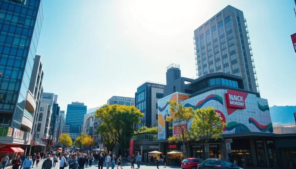 A bustling cityscape of Nakano, Tokyo's hidden gem, under a clear blue sky. Towering modern buildings in glass and steel frame the lively streets below, where pedestrians stroll past quaint shops and eateries. The iconic Nakano Broadway shopping complex stands tall, its unique architecture a blend of old and new. Warm sunlight filters through the trees, casting a pleasant glow over the scene. In the distance, the silhouettes of distant mountains provide a serene backdrop. Capture the vibrant energy and charm of this captivating Tokyo neighborhood.