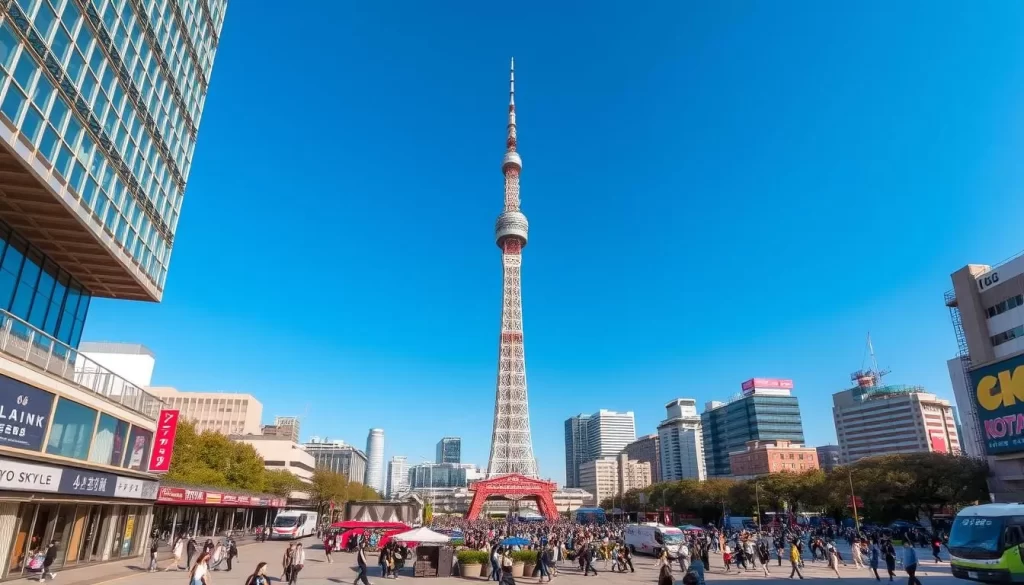 A bustling cityscape of Tokyo Skytree, the iconic communication tower soaring skyward against a backdrop of azure skies. In the foreground, a lively pedestrian plaza teems with people navigating its walkways, cafes, and shops. The middle ground features the distinctive silhouette of the tower, its latticed steel frame glistening in the warm, natural light. In the distance, the city's high-rise buildings and bustling streets create a dynamic, layered landscape. Capture the energy and vibrancy of this popular tourist destination, showcasing its architectural marvel and the activity of its surrounding urban environment.