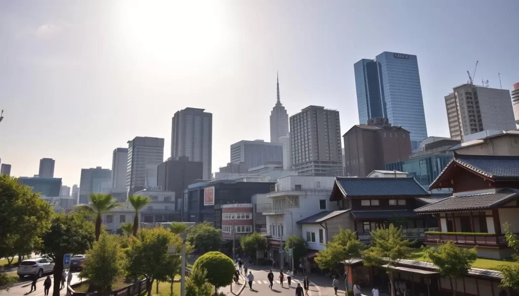 A bustling cityscape of Toshima-ku, Tokyo's vibrant northern ward, under a radiant afternoon sun. Showcasing a blend of modern high-rises and quaint traditional structures, the scene captures the dynamic energy of this thriving urban area. In the foreground, pedestrians stroll along tree-lined streets, while in the middle ground, a mix of residential and commercial buildings stand tall. The background is dominated by the iconic silhouettes of skyscrapers, their glass facades reflecting the warm hues of the sky. The overall atmosphere is one of a lively, well-balanced community, where the old and new coexist in perfect harmony.