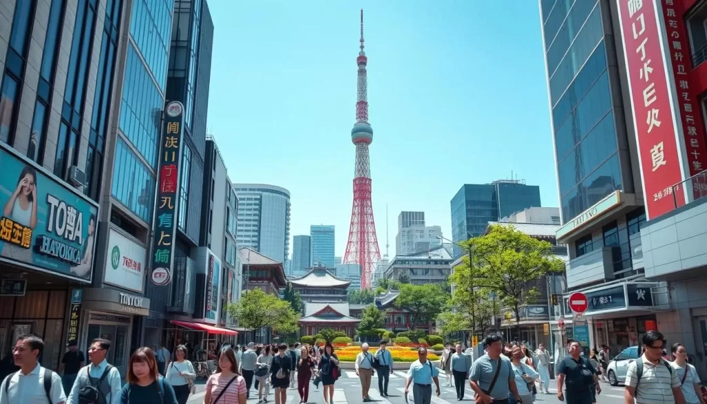 A bustling cityscape of modern Tokyo, captured during a bright and sunny day. In the foreground, pedestrians navigate the lively streets, passing by sleek high-rise buildings and neon-lit storefronts. The middle ground features a mix of traditional Japanese architecture and contemporary design, with a manicured park or garden adding a touch of tranquility. The background showcases the iconic silhouette of Tokyo Tower, its latticed frame reaching towards the blue sky. Utilize a wide-angle lens to convey the grand scale and dynamic energy of this vibrant urban environment, with natural lighting illuminating the scene and creating crisp shadows. The overall mood should evoke a sense of excitement, progress, and the seamless blending of old and new in the modern Tokyo experience.