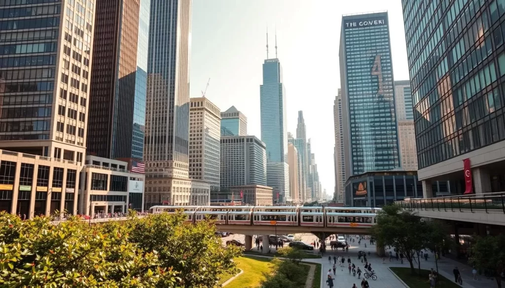A bustling cityscape of towering skyscrapers, sleek glass facades, and iconic architecture, capturing the dynamic heart of downtown Chicago on a sunny afternoon. Pedestrians navigate the bustling streets, while elevated trains glide along the tracks, weaving between the buildings. In the foreground, lush greenery and public spaces offer a respite from the urban energy, with people strolling, biking, and gathering. The scene is illuminated by warm, natural lighting, creating a vibrant and inviting atmosphere that showcases the city's blend of modern and historic elements.