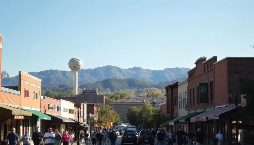 A bustling downtown Knoxville scene on a pleasant day. In the foreground, people stroll along the vibrant sidewalks, adorned with local boutiques, cafes, and galleries. The middle ground features the iconic Sunsphere, a modernist landmark tower casting a warm glow over the cityscape. In the background, the Great Smoky Mountains rise majestically, their rolling peaks framing the urban landscape. Soft natural lighting filters through, creating a cozy, inviting atmosphere. Capture the charm and character of this thriving Tennessee city, showcasing its blend of historic architecture, lively street life, and stunning natural surroundings.