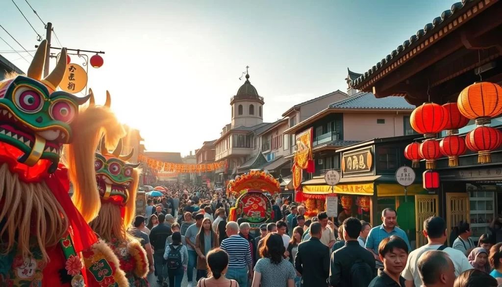 A bustling festival in Fukui Prefecture, Japan: a vibrant scene of colorful stalls, traditional lanterns, and lively crowds gathered to celebrate local culture. In the foreground, intricate costumes and masks of mythical creatures sway to the rhythm of taiko drums. In the middle ground, a parade of elaborately decorated floats winds through the streets, while in the background, the historic architecture of the region provides a stunning backdrop. Warm, golden sunlight filters through the scene, casting a festive glow and creating a sense of joy and community. The atmosphere is one of immersive cultural experience, inviting visitors to fully immerse themselves in the traditions and festivities of Fukui.