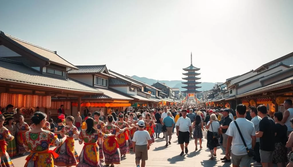 A bustling festival in Tokushima Prefecture, Japan, on a bright sunny day. In the foreground, colorfully dressed dancers perform traditional Awa Odori steps, their vibrant costumes and energetic movements capturing the festive atmosphere. In the middle ground, crowds of locals and tourists mingle, taking in the sights and sounds - lanterns, food stalls, and lively music from shamisen and taiko drums. The background features the iconic architecture of the region, with tiled roofs and pagodas framing the scene. Warm, golden lighting casts a soft glow over the entire event, creating a welcoming and celebratory mood. A wide, engaging image that conveys the vibrancy and cultural richness of a Tokushima festival.