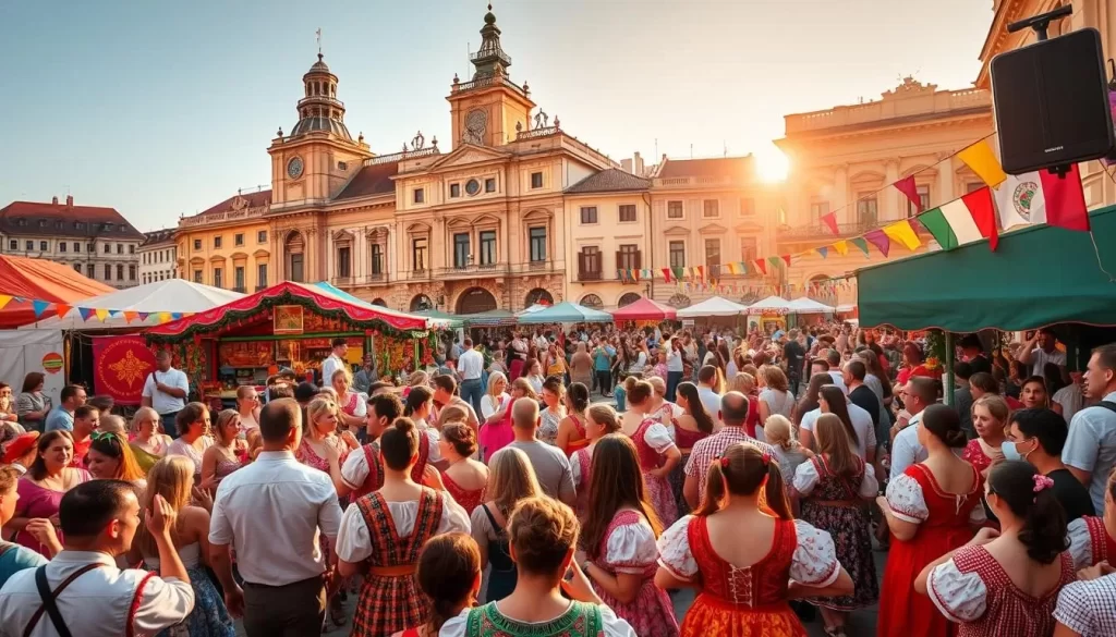 A bustling festival in the heart of Moldova, vivid colors and lively celebrations fill the air. In the foreground, a crowd of revelers adorned in traditional costumes dances to the rhythm of live music. In the middle ground, colorful stalls sell handcrafted wares and local delicacies. The background features the iconic architecture of historic buildings, bathed in warm, golden sunlight. The scene exudes a joyous, vibrant atmosphere, capturing the essence of Moldova's rich cultural heritage.
