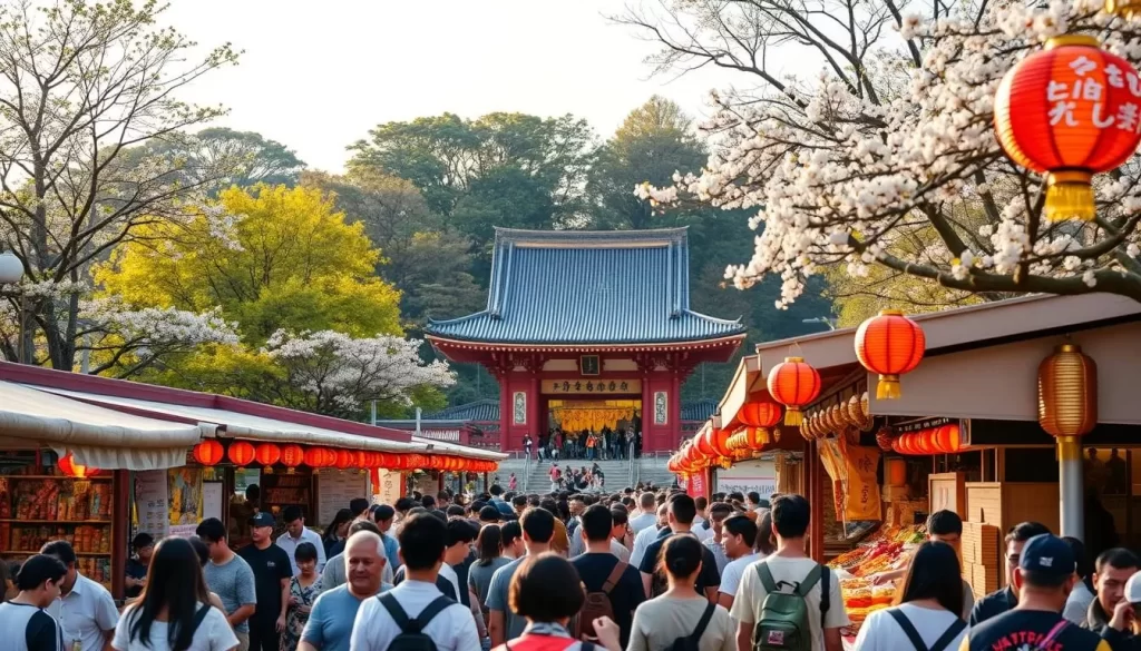 A bustling festival in the heart of Toshima-ku, Tokyo, showcasing the vibrant seasonal traditions of Japan. In the foreground, a lively crowd gathers around stalls adorned with colorful lanterns and crafts, the air filled with the aroma of sizzling street food. In the middle ground, a grand shrine stands tall, its ornate architecture reflecting the golden glow of the afternoon sun. In the background, a verdant park frames the scene, with trees bursting with seasonal blooms. The atmosphere is one of celebration and community, capturing the essence of Toshima-ku's rich cultural heritage and the joy of its seasonal events.