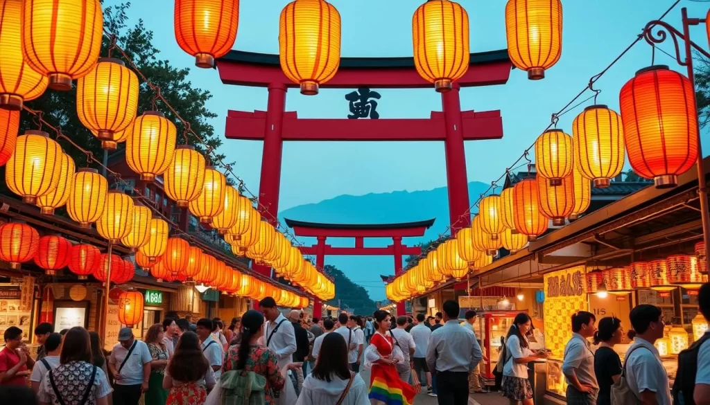 A bustling festival in the heart of Yamaguchi Prefecture, Japan. Rows of vibrant paper lanterns sway in the gentle breeze, casting a warm, golden glow over the lively crowd. In the foreground, colorfully dressed performers twirl and dance to the rhythm of traditional taiko drums, their movements fluid and graceful. In the middle ground, vendors offer an array of tantalizing street food, the scent of sizzling yakisoba and steaming takoyaki filling the air. In the background, the iconic red torii gate of a nearby shrine stands tall, its imposing presence a testament to the rich cultural heritage of the region. The overall atmosphere is one of joyous celebration, inviting visitors to immerse themselves in the unique traditions of Yamaguchi.
