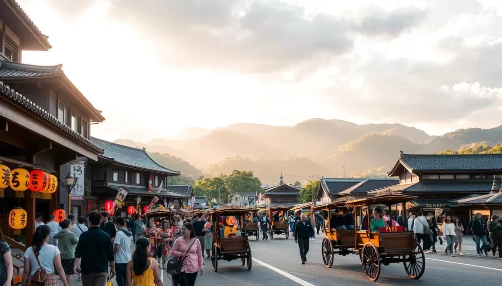 A bustling festival scene in Fukui Prefecture, Japan. In the foreground, a colorful procession of lanterns and performers weave through the streets, inviting visitors to join the celebration. In the middle ground, rickshaws and traditional wagons transport guests to the event venues, their wooden frames and intricate designs blending harmoniously with the historical architecture. The background showcases the lush, verdant hills and valleys that surround the festival locations, bathed in warm, golden sunlight that filters through the clouds. The atmosphere is one of joy, tradition, and cultural immersion, capturing the essence of Fukui's vibrant festival experience.