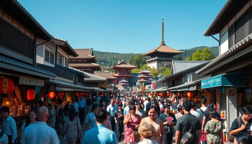 A bustling festival scene in Shiga, Japan, on a sunny day. In the foreground, colorfully dressed people weave through narrow streets, carrying lanterns and fans. The middle ground features traditional food stalls and performers showcasing local crafts. In the background, ancient temples and shrines dot the landscape, their roofs gleaming under the warm afternoon light. The atmosphere is lively and inviting, with the scent of incense and the sounds of traditional music filling the air. A wide-angle lens captures the energy and authenticity of this authentic festival experience.