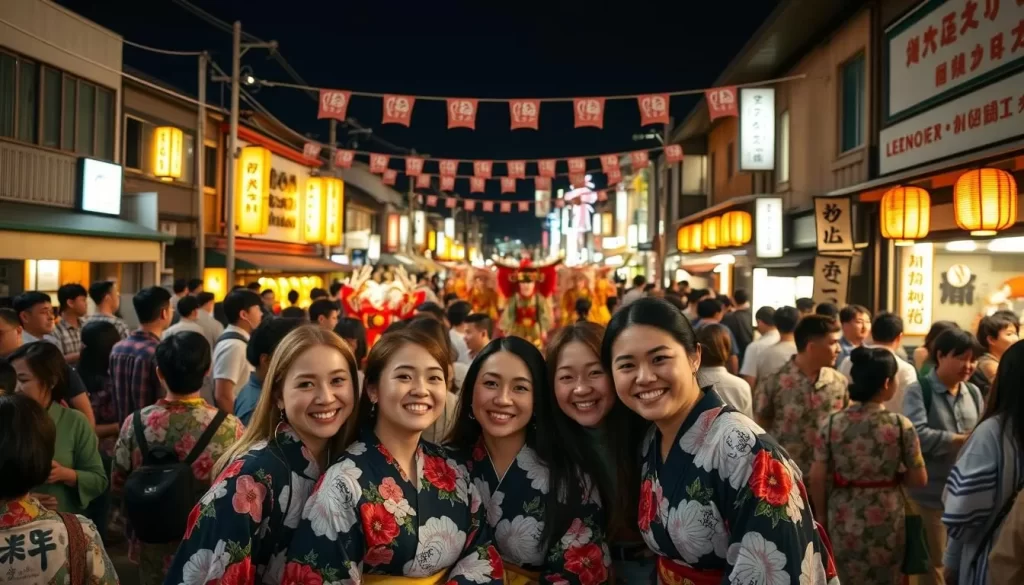 A bustling festival scene in a Japanese town, with vibrant crowds dressed in traditional yukata robes, enjoying the sights and sounds of the celebration. In the foreground, a group of laughing friends pose for a photo, their faces glowing in the warm, soft light. The middle ground features a lively parade, with performers adorned in intricate costumes and masks dancing to the rhythm of taiko drums. In the background, colorful lanterns and banners hang from the buildings, setting the mood for a joyous cultural experience. The scene is captured with a wide-angle lens, conveying a sense of immersion and community.