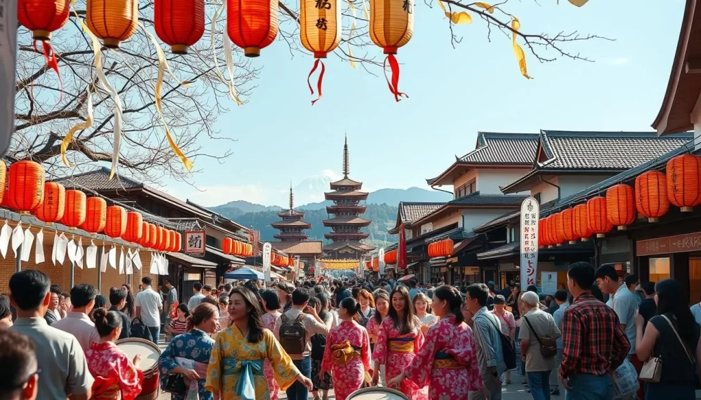 A bustling festival scene in a traditional Japanese town, with colorfully dressed visitors enjoying the lively atmosphere. In the foreground, a group of revelers dance to the rhythmic beats of taiko drums, their vibrant yukatas swaying gracefully. In the middle ground, lanterns and paper streamers sway in the gentle breeze, casting a warm, golden glow over the crowd. In the background, the iconic roofs of ancient temples and shrines rise above the festivities, creating a serene and timeless backdrop. The scene is captured with a wide-angle lens, emphasizing the scale and energy of the event, and lit by the soft, natural light of a sun-dappled afternoon.
