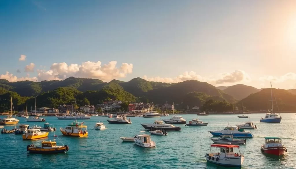 A bustling harbor in the Amami Islands, Japan. In the foreground, a fleet of colorful fishing boats and ferries bob gently in the calm, azure waters. The middle ground features a picturesque town with quaint, traditional Japanese architecture nestled between lush, verdant hills. The background is dominated by a stunning, cloudless sky bathed in warm, golden sunlight, casting a serene glow over the entire scene. The lens captures the scene from a slightly elevated angle, emphasizing the harmonious relationship between the natural and built environments. An idyllic, tranquil atmosphere permeates the image, inviting the viewer to imagine the sights, sounds, and experiences of island transportation in the Amami Gunto National Park.