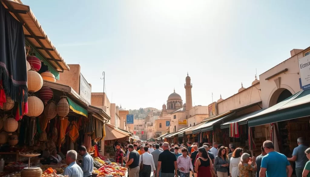 A bustling marketplace in the heart of the Tunisian medina, vibrant with the sights and sounds of a traditional festival. Colorful stalls overflow with handcrafted wares, textiles, and spices, while musicians fill the air with the rhythmic beats of local instruments. Sunlight filters through the narrow alleyways, casting a warm glow on the lively crowd gathered to celebrate their cultural heritage. In the foreground, artisans demonstrate their craft, drawing onlookers into the festive atmosphere. The middle ground teems with shoppers haggling good-naturedly, while in the background, the iconic domed roofs and minarets of the historic medina rise against a clear, azure sky.