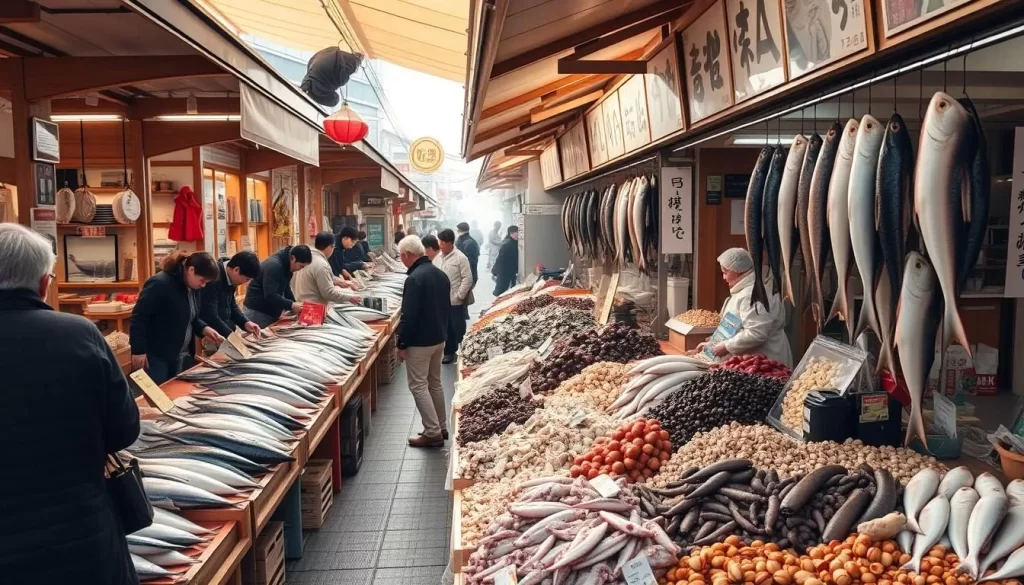A bustling morning market in Hakodate, Hokkaido, Japan. Wooden stalls line the streets, overflowing with the region's exceptional seafood - glistening fresh-caught fish, tender octopus, and plump scallops. Shoppers browse the vibrant displays, inspecting the day's catch with an experienced eye. Soft natural light filters through the canopies, casting a warm glow over the scene. The air is filled with the tantalizing aromas of the sea, mingling with the lively chatter of vendors and customers. Capture the essence of Hokkaido's renowned culinary culture in this captivating market setting.