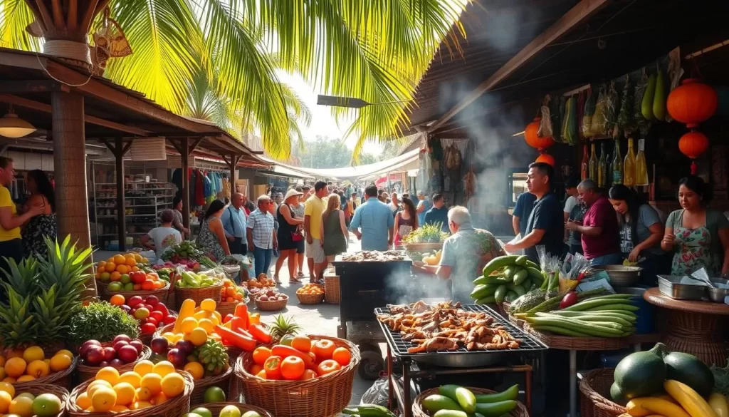 A bustling open-air market in San Juan del Sur, Nicaragua, overflowing with vibrant produce, sizzling street food stalls, and lively local vendors. Sunlight filters through the palm trees, casting a warm glow over the scene. In the foreground, colorful baskets brimming with tropical fruits and vegetables. In the middle ground, a makeshift grill where chefs skillfully prepare traditional Nicaraguan dishes, the aroma of sizzling meat and spices wafting through the air. In the background, a lively crowd of locals and tourists mingling, sampling the diverse culinary delights on offer. The atmosphere is lively, bustling, and bursting with the flavors of this coastal town.