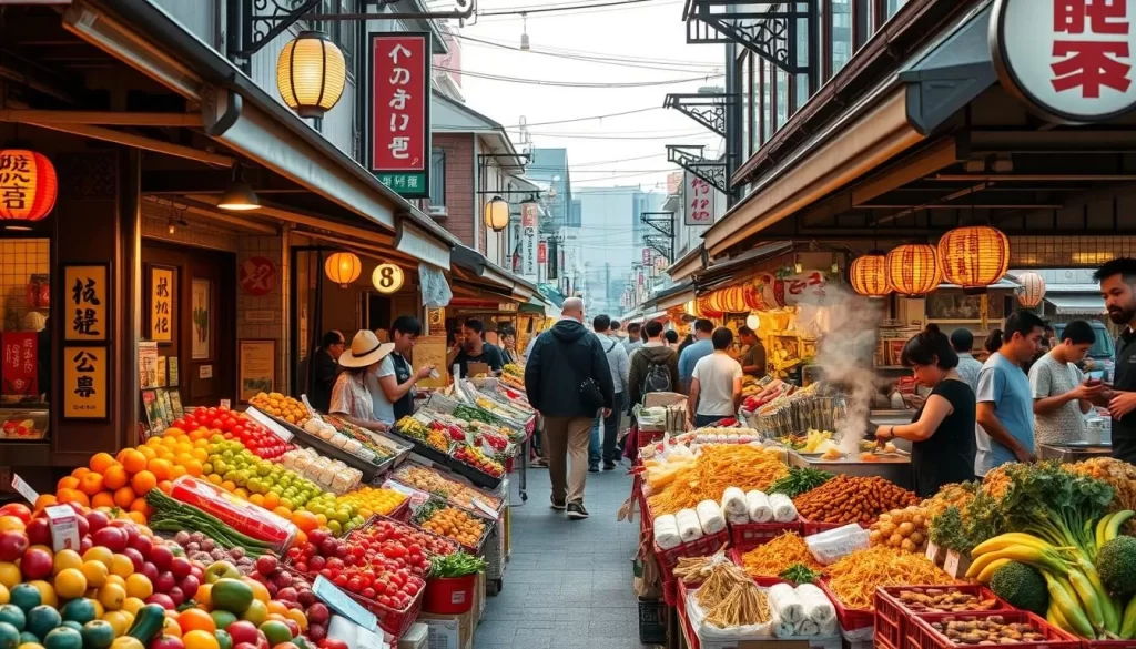 A bustling open-air market in Tsukuba, Japan, teeming with fresh local produce, vibrant stalls, and the aroma of authentic Japanese cuisine. In the foreground, colorful displays of seasonal fruits and vegetables beckon passersby. In the middle ground, skilled vendors offer an array of freshly prepared dishes - sizzling yakisoba, steaming takoyaki, and delicate sushi rolls. The background is filled with traditional storefronts, lanterns, and the lively chatter of enthusiastic shoppers. Warm, natural lighting illuminates the scene, lending a welcoming and lively atmosphere. Capture the energy and essence of this quintessential Japanese food market experience.