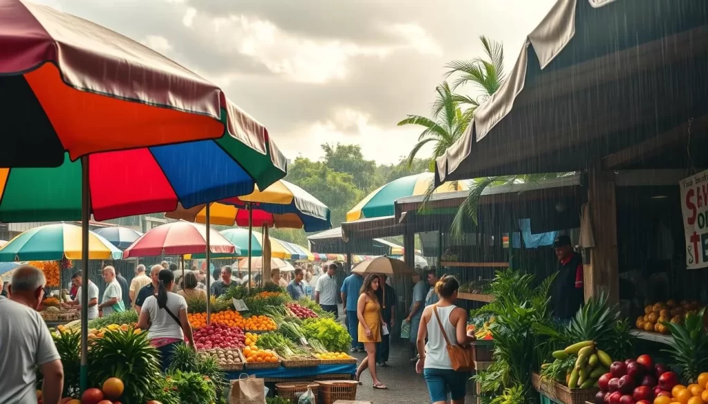 A bustling open-air market in a vibrant Panamanian city, with colorful umbrellas and tarps sheltering stalls overflowing with lush tropical produce. Locals and visitors browse the wares, seeking discounted seasonal treasures amidst the gentle patter of rain. Warm sunshine filters through the clouds, casting a soft, diffused glow over the scene. The atmosphere is lively yet tranquil, with a sense of discovery and delight in the air, perfectly capturing the budget-friendly allure of Panama's rainy season.